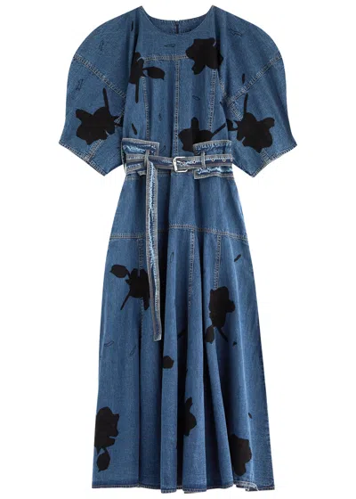 Lovebirds Floral-appliqued Belted Denim Midi Dress In Blue