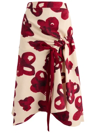 Lovebirds Floral-print Drawstring Wool Midi Skirt In Red