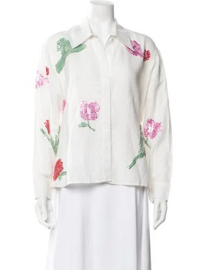 Pre-owned Lovebirds Floral Print Long Sleeve Button-up Top In White