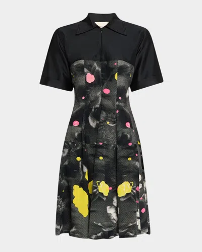 Lovebirds Greenwich Pleated Floral-print Shirtdress In Black