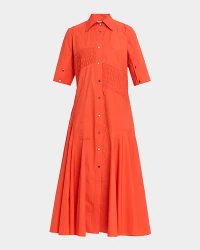 Lovebirds Kairo Smocked A-line Cotton Midi Shirtdress In Red