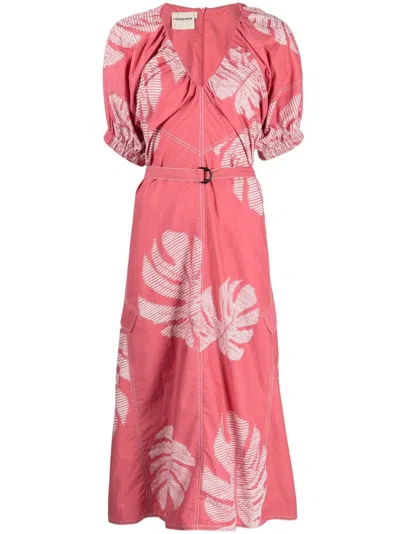 Lovebirds Leaf-appliqué Cotton Midi Dress In Rosa