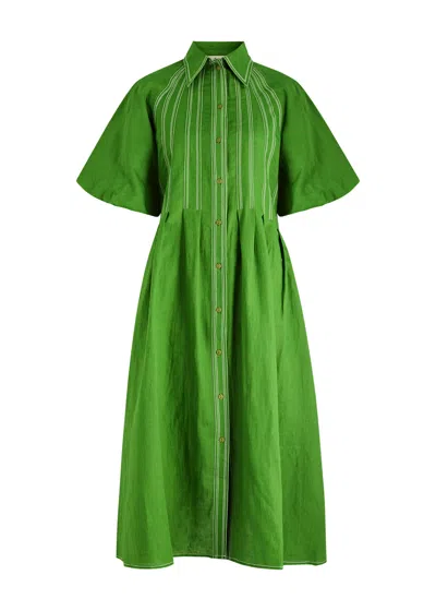 Lovebirds Linen-blend Midi Dress In Green