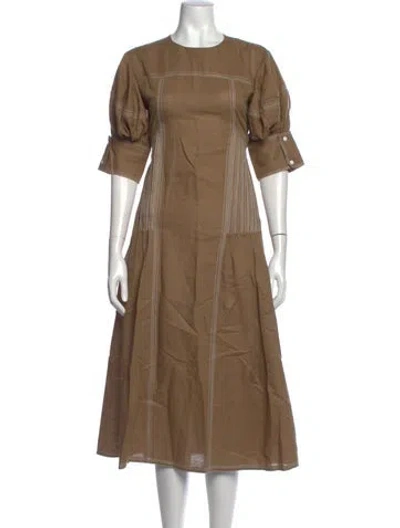 Pre-owned Lovebirds Linen Midi Length Dress In Brown