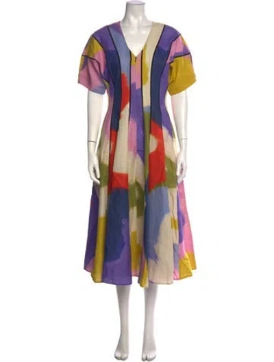 Pre-owned Lovebirds Linen Midi Length Dress In Multicolor