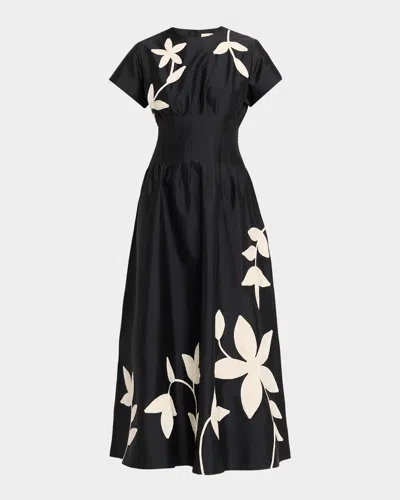 Lovebirds Marvis Floral Embroidered Pleated Ankle Dress In Black