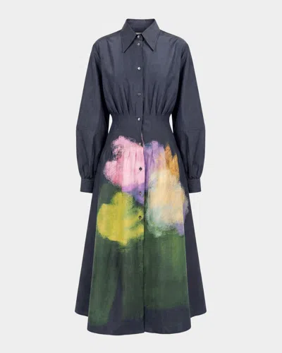 Lovebirds Mistfall Pleated Abstract-print Silk Midi Shirtdress In Blue