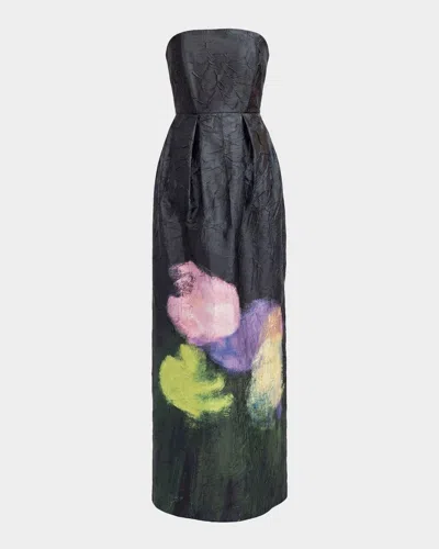 Lovebirds Muse Strapless Abstract-print Column Gown In Navy Meado