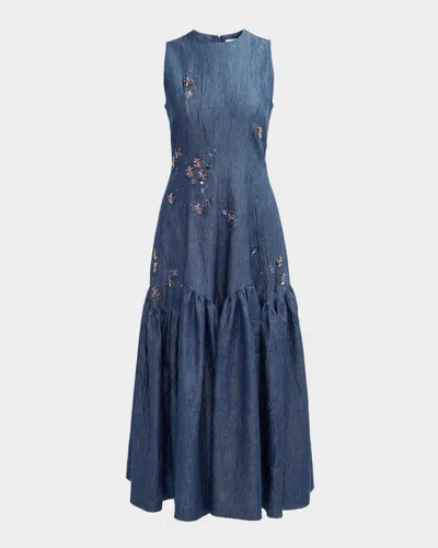 Lovebirds Nira Sleeveless Embellished Cotton Midi Dress In Blue