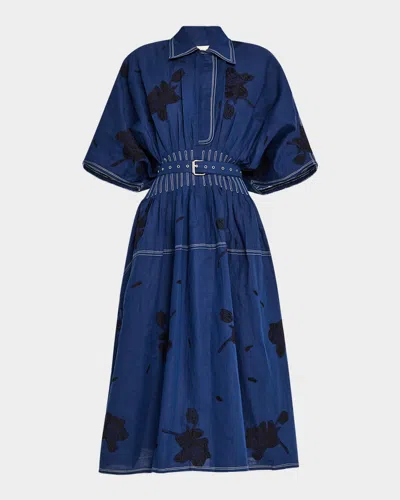 Lovebirds Oslo Pleated Contrast-stitch Midi Shirtdress In Blue