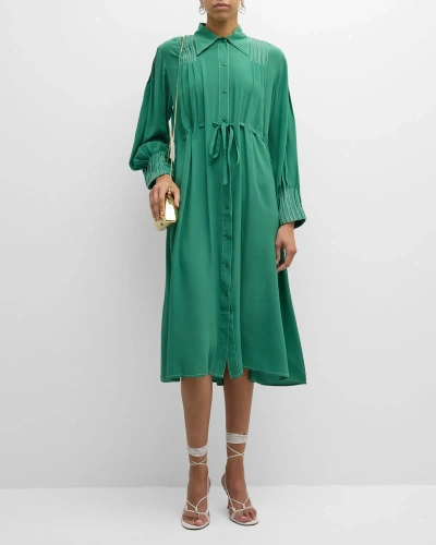 Lovebirds Picnic Pleated Topstitch Silk Midi Dress In Green