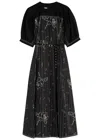 Lovebirds Printed Belted Cotton Midi Dress In Black