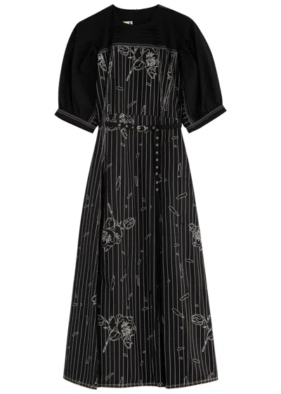 Lovebirds Printed Belted Cotton Midi Dress In Black