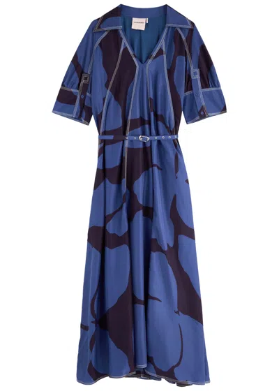 Lovebirds Printed Belted Silk Midi Dress In Navy