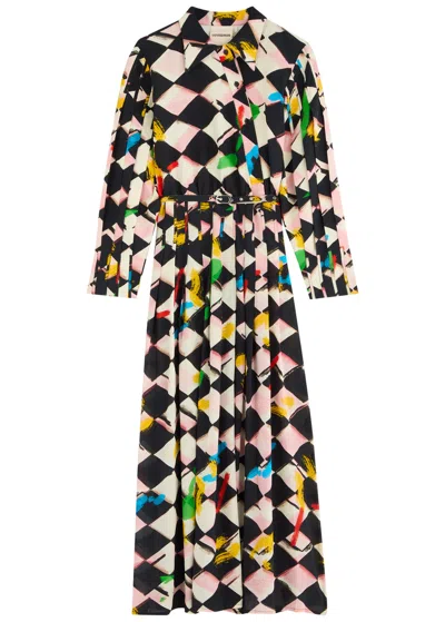 Lovebirds Printed Belted Silk Midi Shirt Dress In Multicoloured
