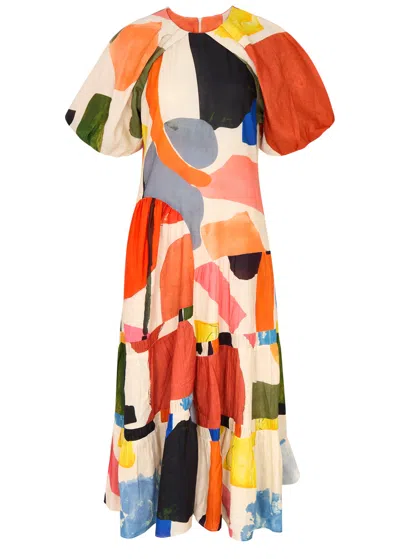 Lovebirds Mosaic Tiered Puff-sleeve A-line Midi Dress In Multicoloured