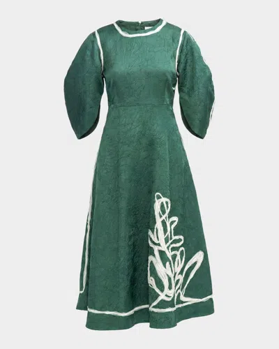 Lovebirds Roselle Embroidered Puff-sleeve Midi Dress In Deep Fores