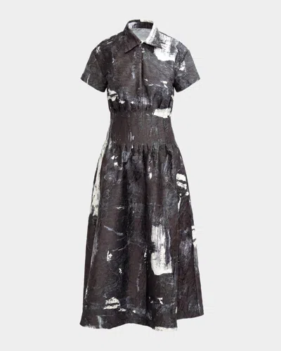 Lovebirds Sculpt Pleated Abstract-print Maxi Shirtdress In Charcoal I