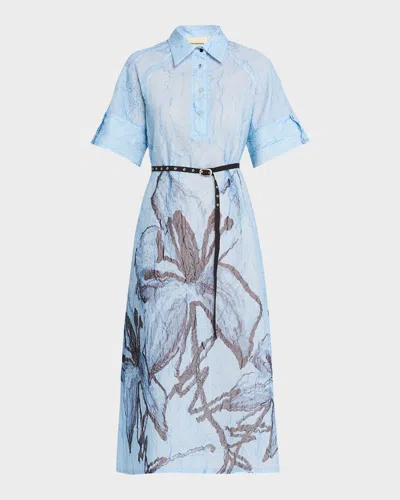 Lovebirds Serenza Crinkled Floral-print Silk Midi Shirtdress In Blue