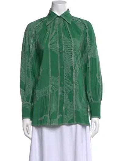 Pre-owned Lovebirds Silk Printed Button-up Top In Green
