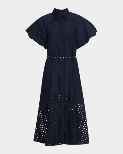 Lovebirds Simone Cutout Bubble-sleeve Midi Shirtdress In Midnight Blue