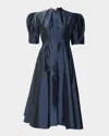 Lovebirds Supernova Pleated Puff-sleeve Midi Shirtdress In Blue
