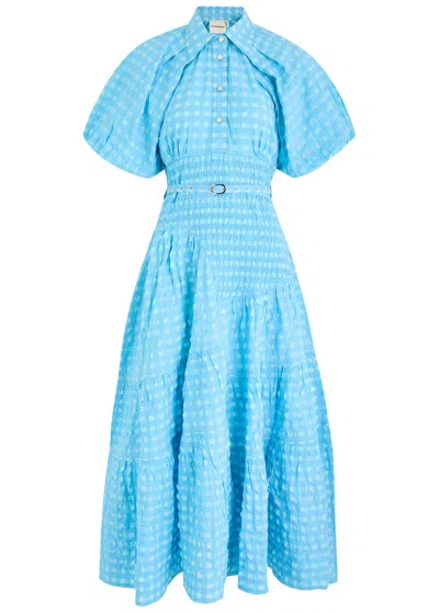 Lovebirds Tatiana Gingham Seersucker Midi Dress In Blue
