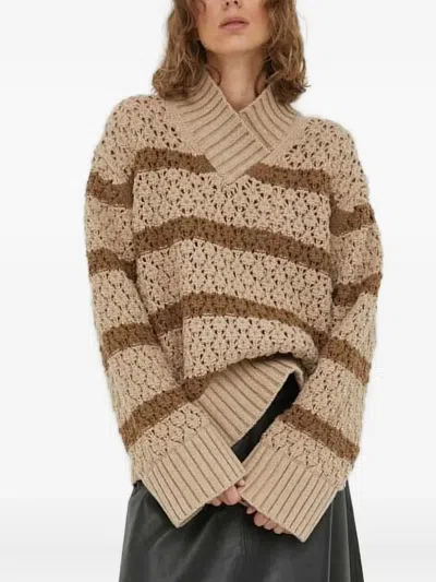 Lovechild Striped Crochet Sweater In Brown