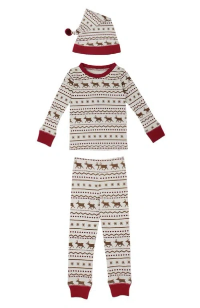 L'ovedbaby Holiday Organic Cotton Pompom Cap & Two-piece Fitted Pajamas Set In Fair Isle Rudolph