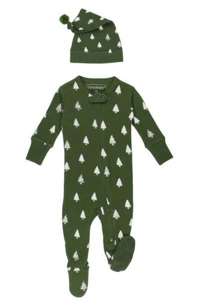 L'ovedbaby Holiday Print Fitted One-piece Organic Cotton Footie Pajamas & Hat Set In Green