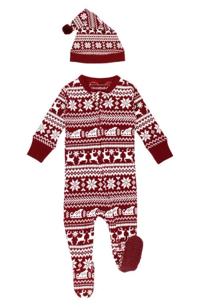 L'ovedbaby Holiday Print Fitted One-piece Organic Cotton Footie Pajamas & Hat Set In Multi