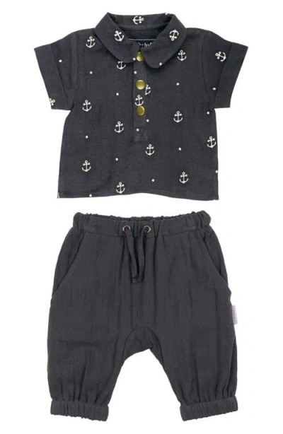 L'ovedbaby Organic Cotton Muslin Anchor Print Polo & Harem Pants Set In Black