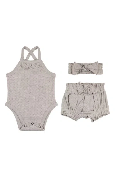 L'ovedbaby Organic Cotton Pointelle Bodysuit, Bloomers & Headband Set In Gray