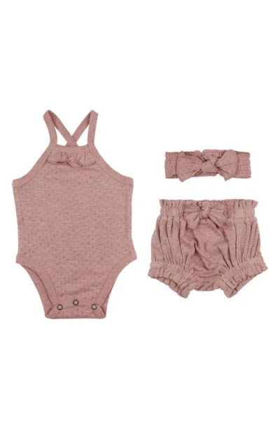 L'ovedbaby Organic Cotton Pointelle Bodysuit, Bloomers & Headband Set In Pink