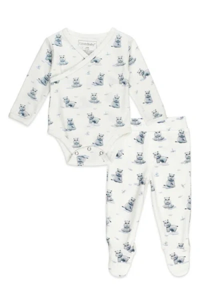 L'ovedbaby Panda Print Organic Cotton Wrap Bodysuit & Footed Pants Set In Baby Hippo
