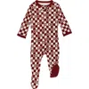 L'ovedbaby Xo Checkerboard Organic Cotton Zip Footie In Crimson Xo Checker