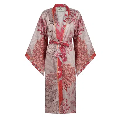 Loveist Mağazasi Red Coral Print Long Women's Satin Kimono