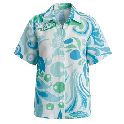 Loveist Mağazasi Women's Blue / Green Venice Abstract Print Short Sleeve Resort Shirt – Lightweight Summer Statement  In Multi
