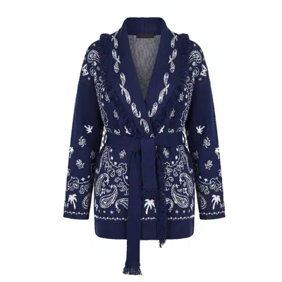 Loveist Mağazasi Women's Blue Navy-paisley Fringed Collar Knitting Cardigan