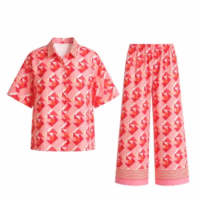 Loveist Mağazasi Women's Coral Geometric Co-ord Set – Relaxed Fit Shirt & Wide-leg Trousers In Orange