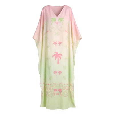 Loveist Mağazasi Women's Green / Pink Island Silky Satin Kaftan Dress – Tropical Print Luxury Resort Cover-up In Multi
