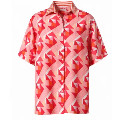 Loveist Mağazasi Women's Orange / Pink Coral Geometric Patterned Linen-feel Short Sleeve Shirt In Red