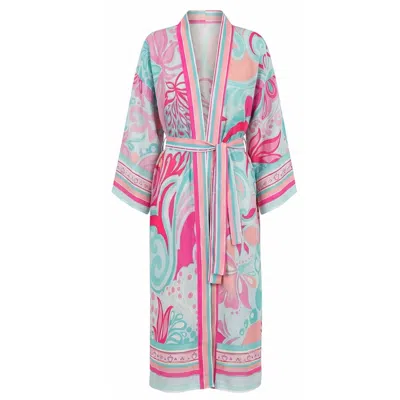 Loveist Mağazasi Women's Palma Rosa Printed Satin Kimono – Pastel Mint & Fuchsia Resort Robe In Pink