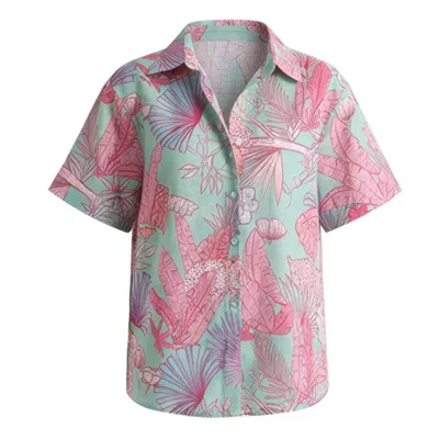 Loveist Mağazasi Women's Pink Agua Tropical Print Short Sleeve Shirt – Relaxed Summer Essential