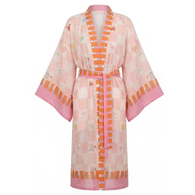 Loveist Mağazasi Women's Pink Angel Summer Tiles Statement Print Kimono