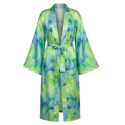 Loveist Store Women's Green Estera Abstract Design Satin Kimono