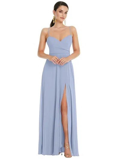 Lovely Adjustable Strap Wrap Bodice Maxi Dress With Front Slit In Blue