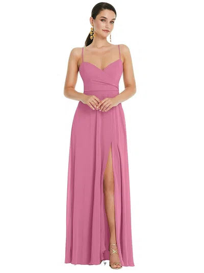 Lovely Adjustable Strap Wrap Bodice Maxi Dress With Front Slit In Pink