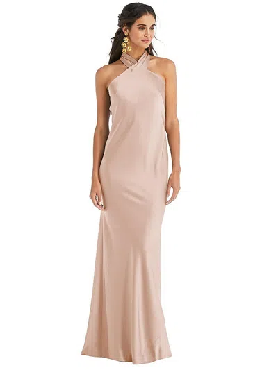 LOVELY DRAPED TWIST HALTER TIE-BACK TRUMPET GOWN