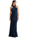 Lovely Imogen Twist Halter Charmeuse Trumpet Gown In Blue